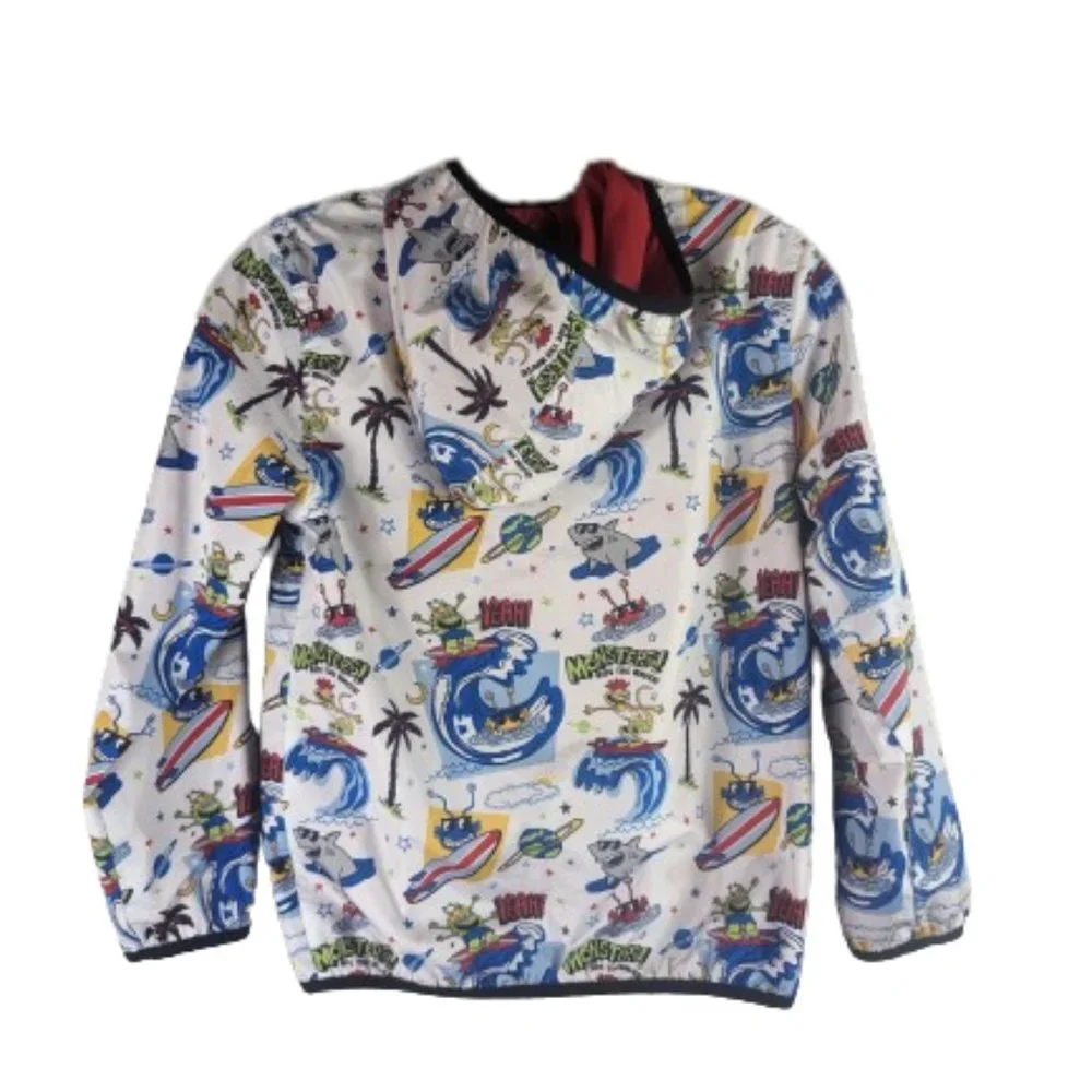 365 Kids Monster Shark Surfing Reversible Hooded Red Light Rain/Wind Jacket - Picture 2 of 12